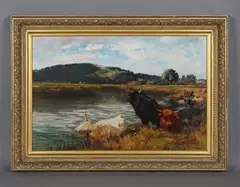 Highland cattle on the River Arun near Arundel by Percy Gravely, oil on canvas, sold Jun 2026