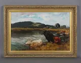 Percy Gravely, Highland cattle on the River Arun near Arundel, oil on canvas