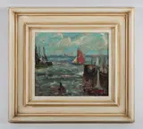 Ronald Ossory Dunlop, Littlehampton Harbour with sailing boats, oil on board