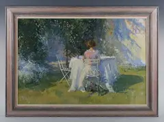 Peter Kuhfeld, Summer garden scene with lady seated at a table, oil on canvas