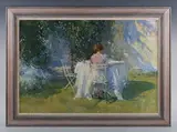 Peter Kuhfeld, Summer garden scene with lady seated at a table, oil on canvas