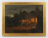 George Shalders, The smithy: a blacksmith shoeing a horse, oil on canvas