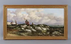 Richard Henry Nibbs, Gathering seaweed: fisherfolk on a rock by the shore, oil on canvas