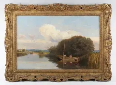 John Henry Dearle, River scene with figures punting, oil on canvas