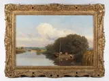 John Henry Dearle, River scene with figures punting, oil on canvas