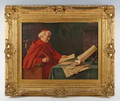 Erwin Eichinger, In the study’: a cardinal working at his desk, oil on panel