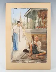 Mg Tun Hla, South-east Asian scene with a young woman handing a coin to a street musician, watercolour