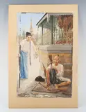Mg Tun Hla, South-east Asian scene with a young woman handing a coin to a street musician, watercolour