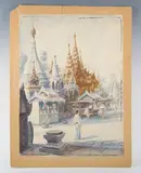 Mg Tun Hla, The Shwedagon Buddhist Pagoda Temple in Burma, watercolour