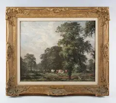 Wooded landscape with cattle and cowherd by George Leon Little, oil on board, sold Mar 2026