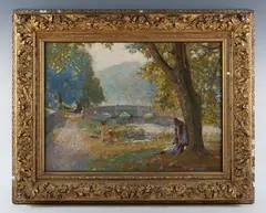 William Mainwaring Palin, River landscape with bridge and girls on the riverbank, oil on canvas