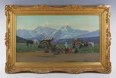 Richard Karlovich Zommer, Wagon train in a mountainous landscape, oil on canvas