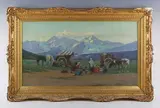 Wagon train in a mountainous landscape by Richard Karlovich Zommer, oil on canvas, sold Mar 2026
