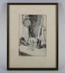 Ernest Howard Shepard, Illustration of a boy with his dog, studying a map, pen and ink