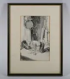 Ernest Howard Shepard, Illustration of a boy with his dog, studying a map, pen and ink