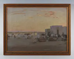 Henry Bishop, North African scene with figures and camels at sunrise, oil on canvas