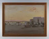 Henry Bishop, North African scene with figures and camels at sunrise, oil on canvas