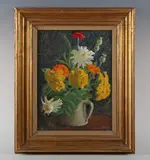 Norman Hepple, Still life of dahlias, poppies and yellow blooms, oil on canvas