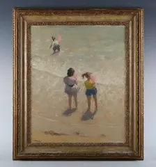 Anthony Devas, Candy Floss’: three children paddling on the beach, oil on canvas
