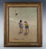 Anthony Devas, Candy Floss’: three children paddling on the beach, oil on canvas