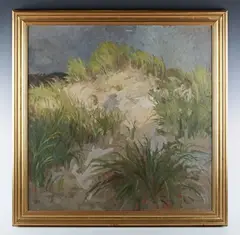 Bernard Dunstan, Figures in a sand dune, oil on board