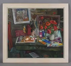 Connie Simmers, Studio Table with Coffee Pot, oil on canvas