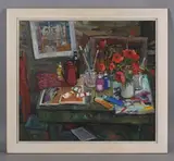 Connie Simmers, Studio Table with Coffee Pot, oil on canvas