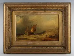 James Burrell, Coastal scene with boats in a swell, 1878, oil on canvas