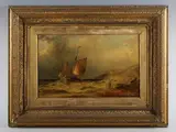 James Burrell, Coastal scene with boats in a swell, 1878, oil on canvas