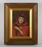 Henry Meynell Rheam, Masquerade: boy in a red hood and cloak holding a mask, watercolour