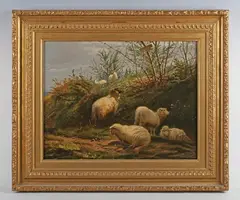Thomas George Cooper, Sheep grazing in a lane, 1872, oil on canvas