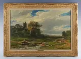 Edmund Morison Wimperis, The Twilight Hour’: wooded landscape with village and goose girl seated by a stream, oil on canvas