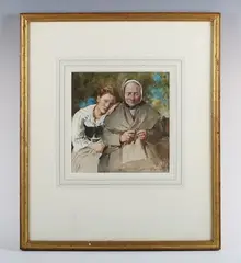 William Lee Hankey, Knitting': young girl with old woman knitting, watercolour