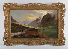 Sidney Richard Percy, Loch scene with cattle watering; Cattle and girl on a mountain pass, a pair, 1874, oil on canvas