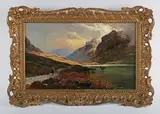 Sidney Richard Percy, Loch scene with cattle watering; Cattle and girl on a mountain pass, a pair, 1874, oil on canvas