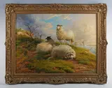 Thomas George Cooper, Sheep resting in a landscape, an estuary beyond, 1896, oil on canvas