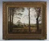 Doris H. de Carteret, Rural wooded landscape with red brick house and church beyond; Wooded landscape with church, house and haystacks, a pair, oil on board