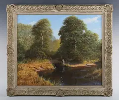 Edward Hersey, Wooded river scene with angler, oil on canvas