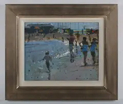 Richard Pikesley, Paddlers, Lyme Regis, oil on canvas-board