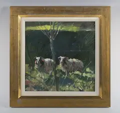 Richard Pikesley, Two Jacobs, Daffodil & Olga’: sheep in a landscape, oil on canvas