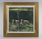 Richard Pikesley, Two Jacobs, Daffodil & Olga’: sheep in a landscape, oil on canvas