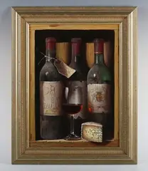 Raymond Campbell, Still life of wine bottles and Stilton, oil on board