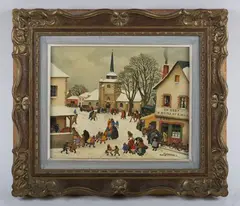 Paul Lemasson, Figures in a snowy town square, oil on board