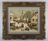 Paul Lemasson, Figures in a snowy town square, oil on board