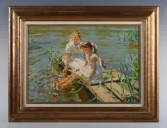 Youri Krotev, Two young girls on a pontoon, oil on canvas