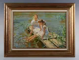 Youri Krotev, Two young girls on a pontoon, oil on canvas