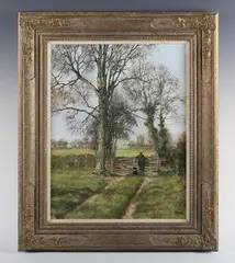 Clive Madgwick, Man and his dog at a gate in a country landscape, oil on canvas