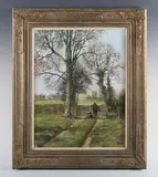 Clive Madgwick, Man and his dog at a gate in a country landscape, oil on canvas