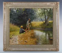 Tony Sheath, Two boys fishing in the shallows, oil on canvas