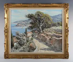 Lucien Potronat, âLe Trayasâ: view of a coastal village, oil on canvas